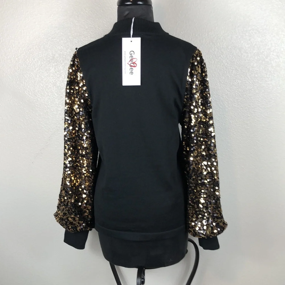 NEW GeeGee Sweater Black Gold Sequins Bubble Puff Sleeves Size Small